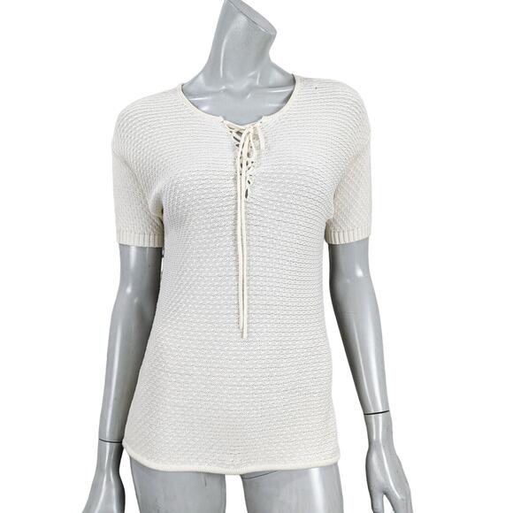 FRAME Women's Le Crochet Lace up Neck Blouse in Beige Size Small - Picture 1 of 9